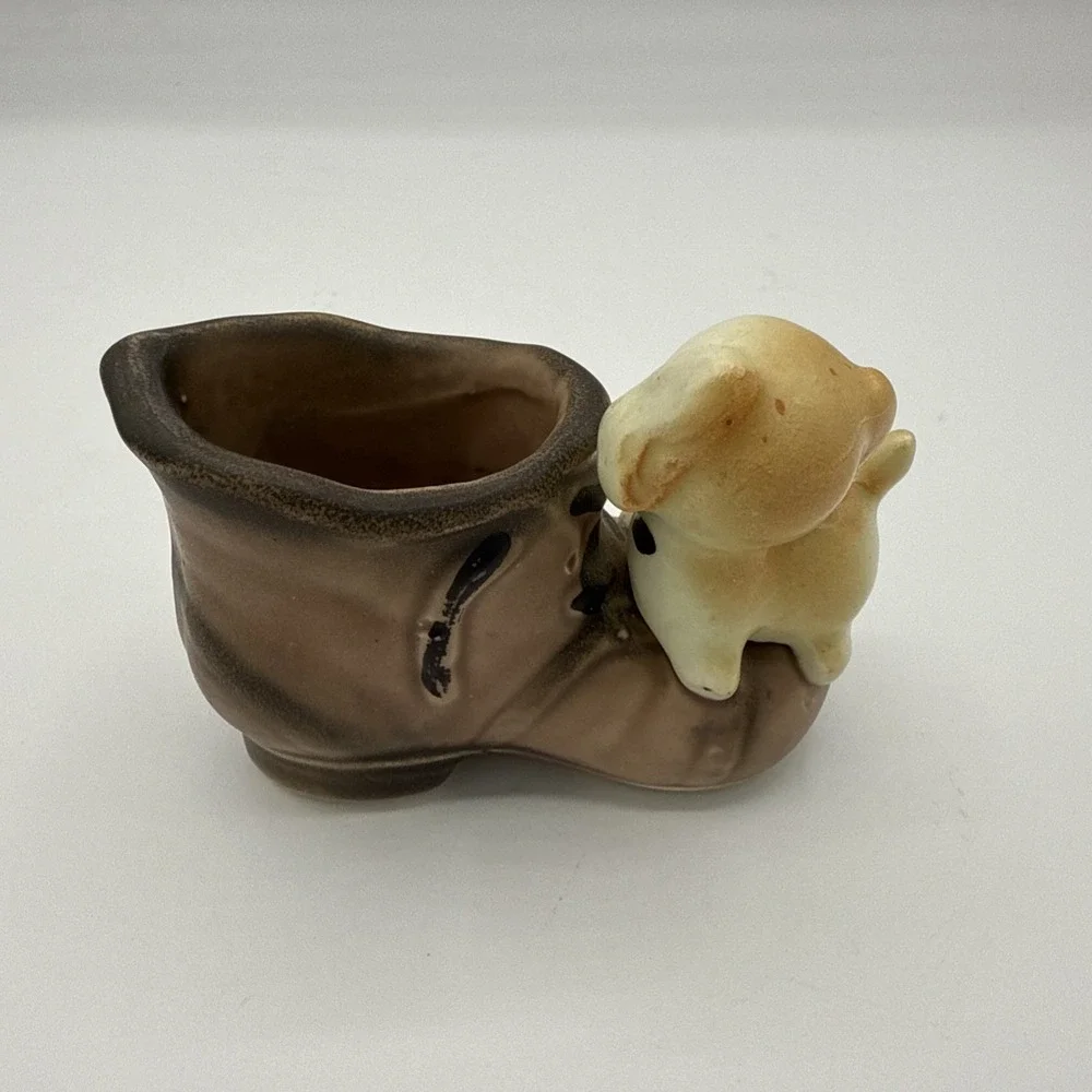 Vtg Enesco Puppy Dog On Boot Porcelain Figurine Toothpick Holder Succu Planter